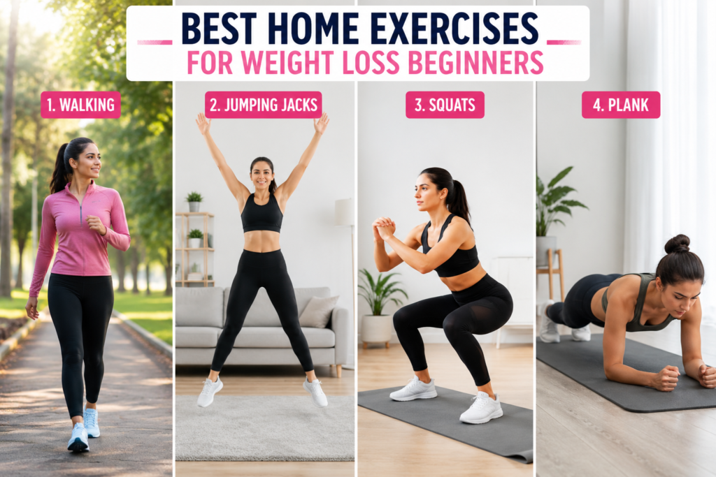 Best home exercises for weight loss beginners including walking, jumping jacks, squats, and plank workouts