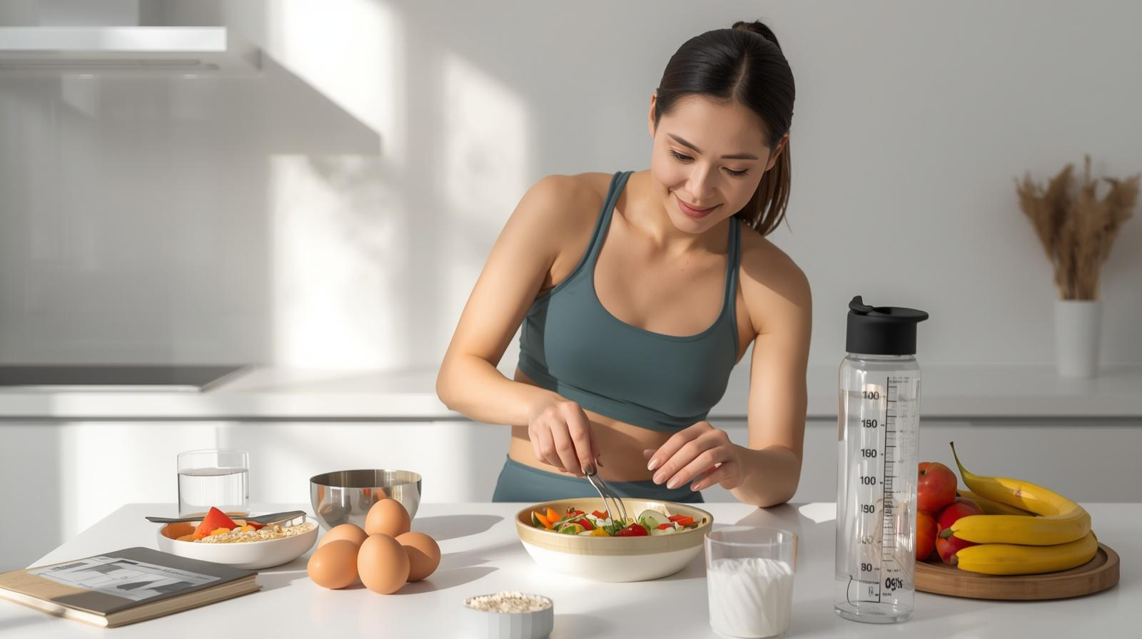 Healthy foods and water bottle for reducing hunger during weight loss naturally