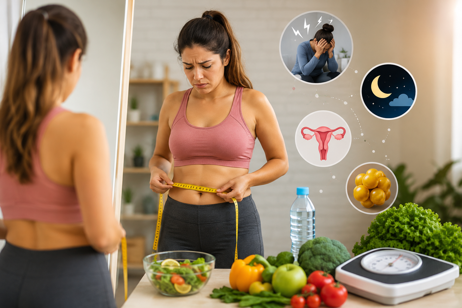 Frustrated woman standing in front of a mirror holding a measuring tape around her waist, confused about belly fat not reducing despite dieting, with healthy foods, water bottle, and weighing scale in background, plus subtle stress, sleep, and hormone icons in a modern wellness setting.