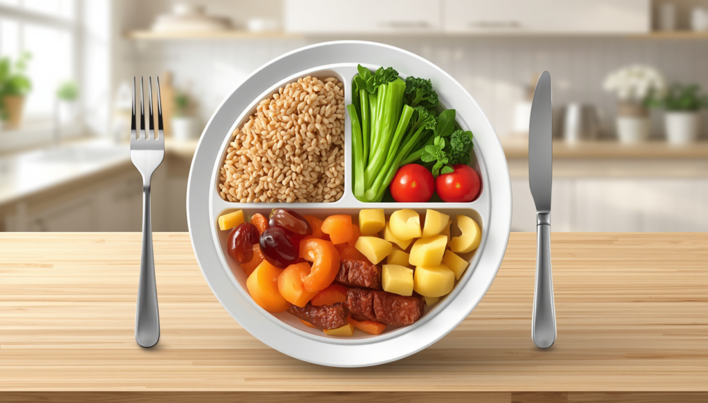 Healthy balanced plate with proper portion sizes including lean protein, whole grains, vegetables, healthy fats, and fresh fruit.