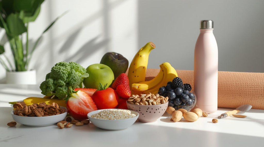 healthy-foods-weight-loss-lifestyle-woman-fitness Healthy foods, water, and fitness lifestyle showing balanced diet and exercise habits for belly fat loss progress.