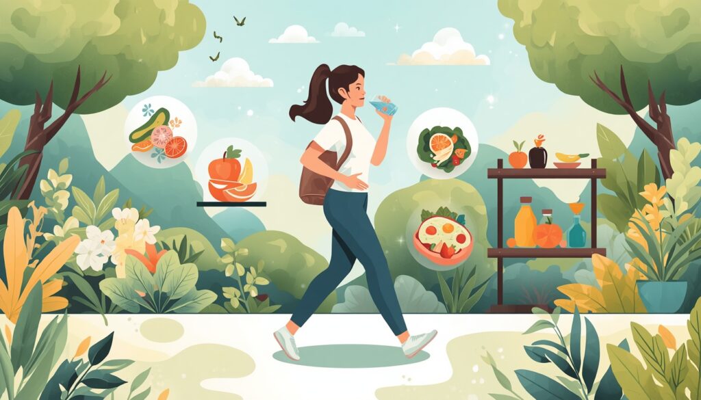 Woman practicing healthy lifestyle habits by walking outdoors, drinking water, eating balanced meals, exercising, and maintaining good sleep for overall wellness and weight management.