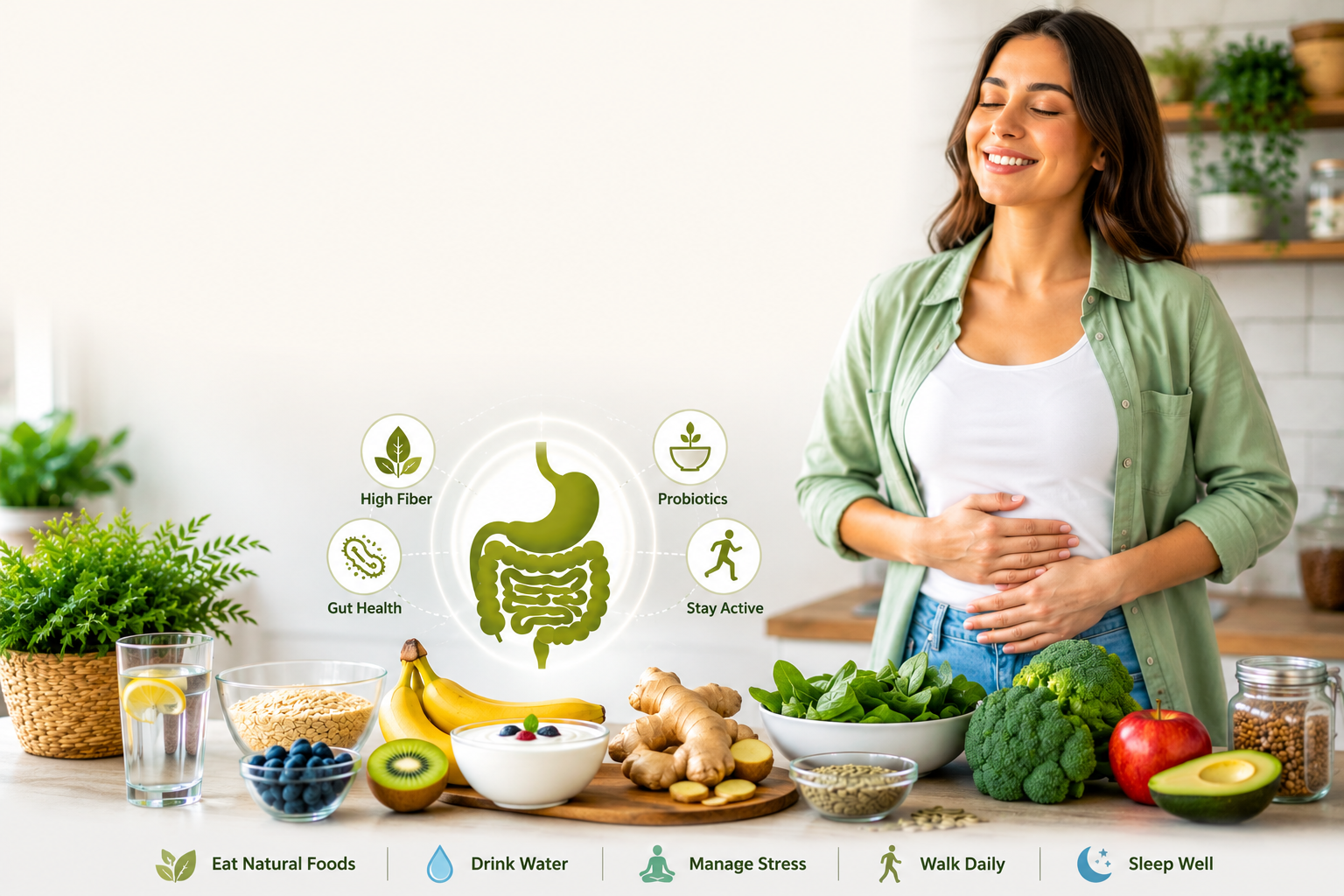Healthy woman in a kitchen with yogurt, bananas, oats, ginger, leafy greens, and water to improve digestion naturally