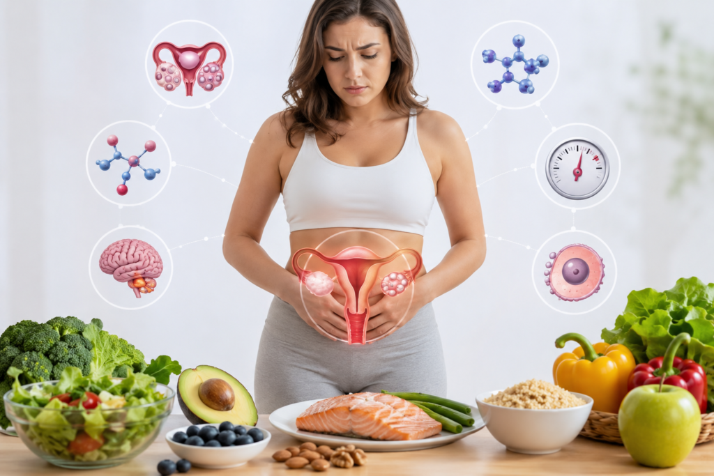 Woman with hormone and ovary icons surrounded by healthy foods, illustrating how PCOS and hormonal imbalance can affect weight management.