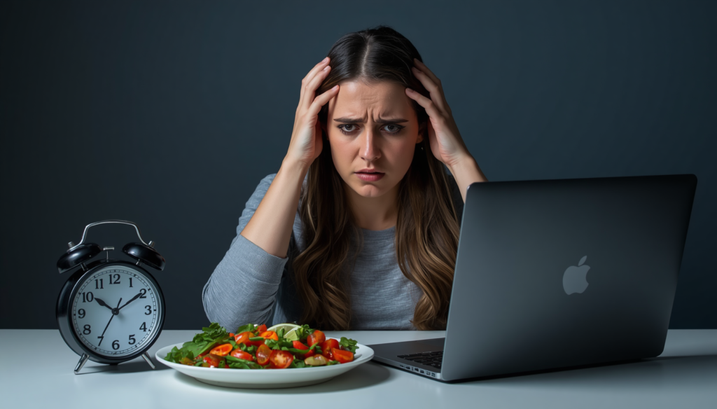 Stressed woman working late at night on a laptop with a healthy meal untouched, illustrating how stress and poor sleep can affect weight management.