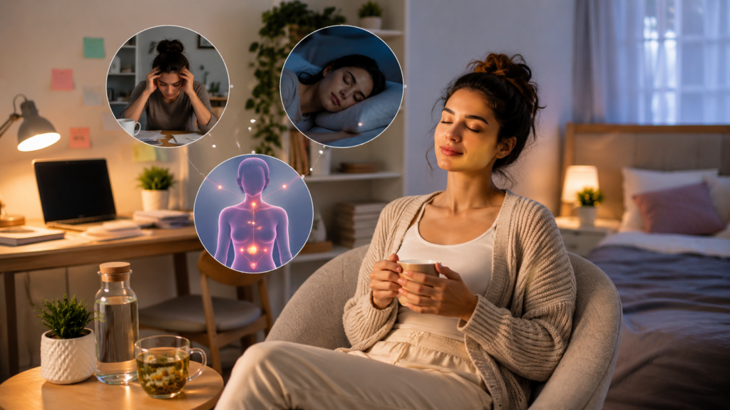 stress-sleep-hormones-weight-loss-belly-fat Illustration showing stress, sleep, and hormonal imbalance factors affecting belly fat loss with calm wellness background.
