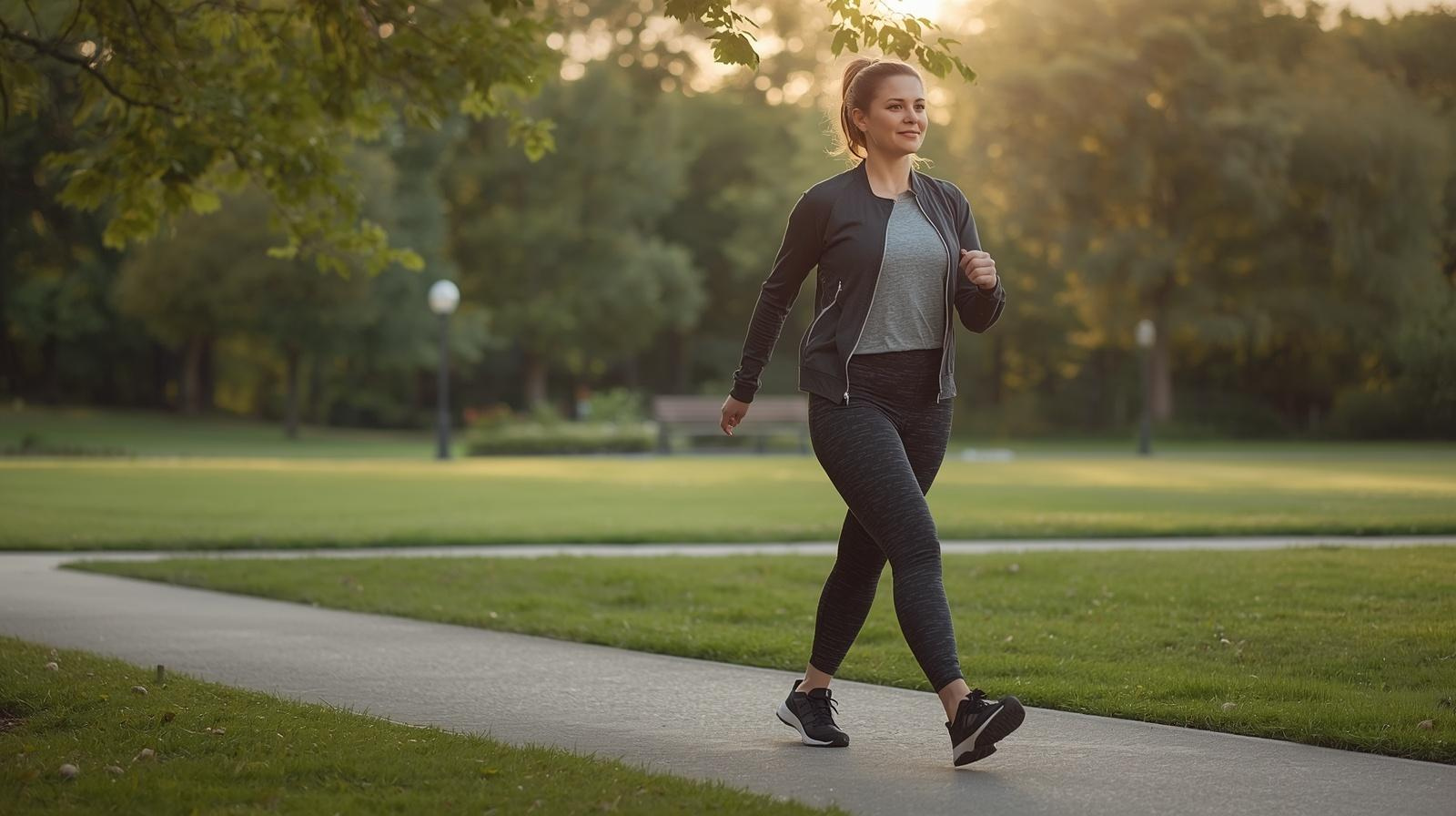 Woman walking in park for weight loss and belly fat reduction