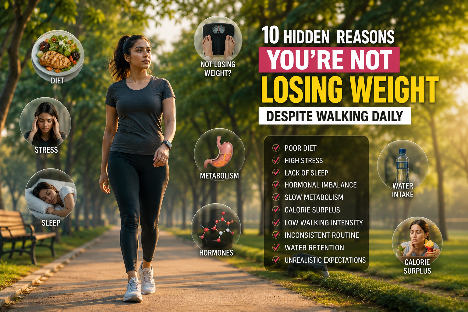 Woman walking in a park while exploring hidden reasons for not losing weight even after walking daily.