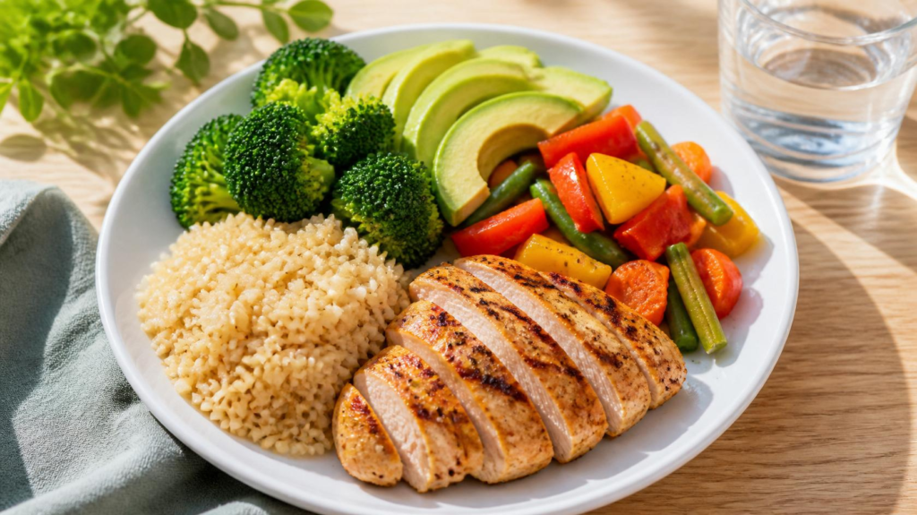 Healthy balanced meal with grilled chicken, brown rice, broccoli, avocado, mixed vegetables, and a glass of water to help you stay full longer.