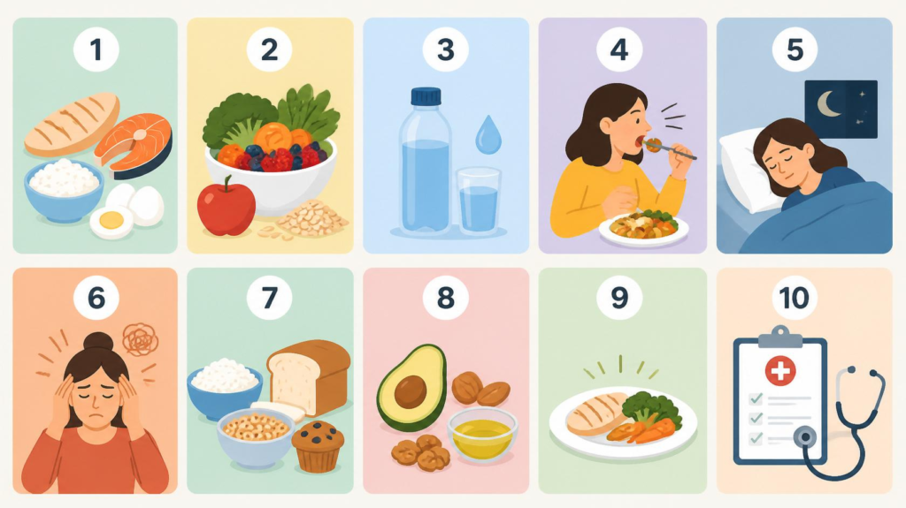 Infographic showing 10 common causes of constant hunger, including low protein, low fiber, dehydration, stress, poor sleep, refined carbohydrates, and small meal portions.
