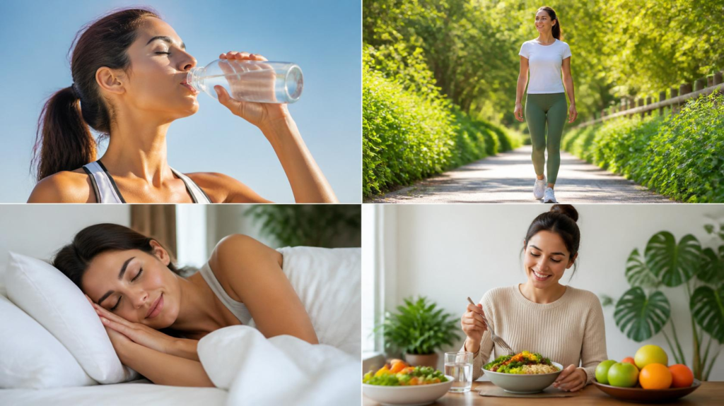 Healthy lifestyle collage showing a woman drinking water, sleeping well, walking outdoors, and eating a balanced meal to naturally control hunger and support overall wellness.