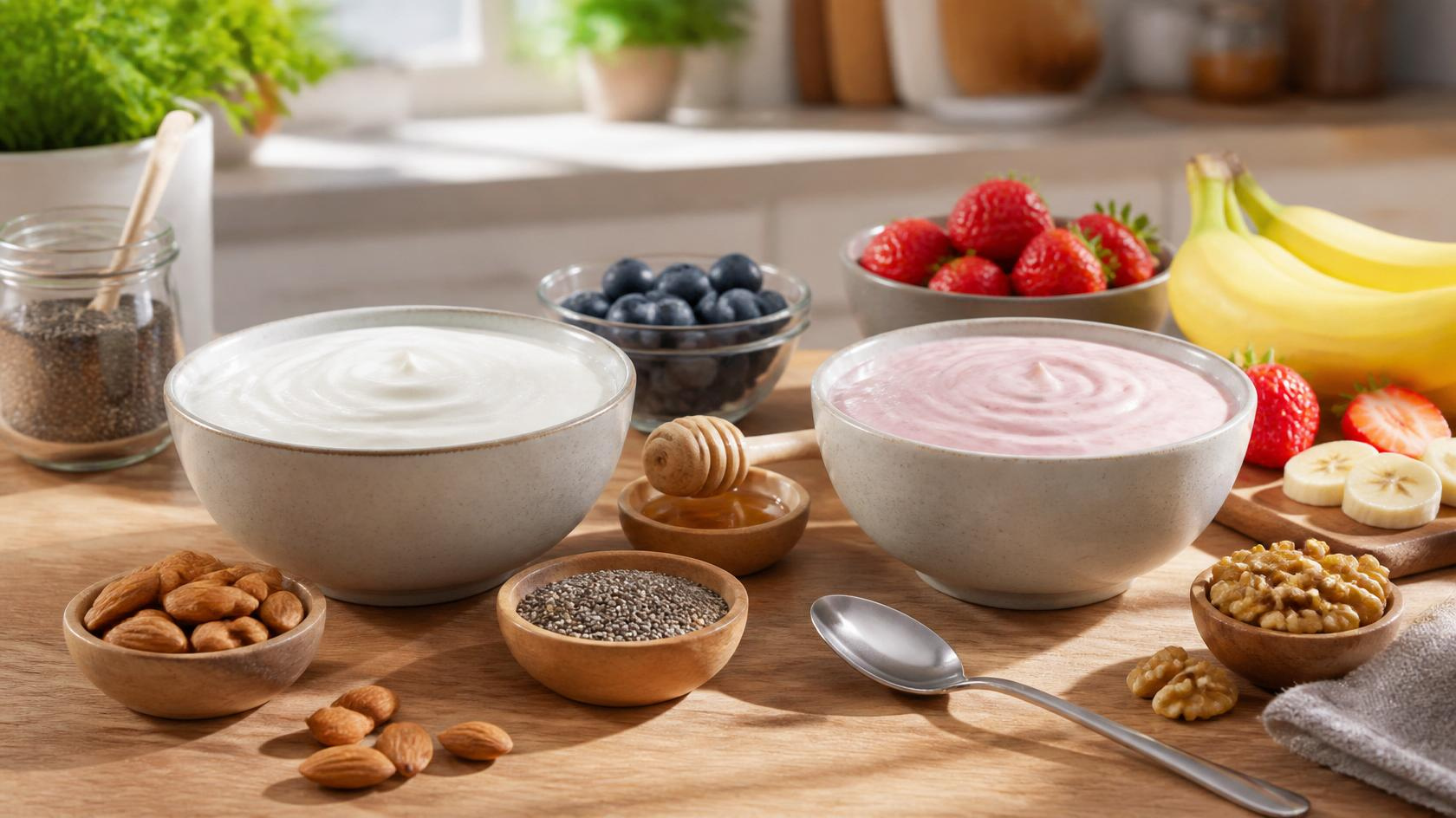 Plain yogurt and sweetened yogurt with fresh fruit, nuts, and seeds comparing healthy yogurt choices for better nutrition.