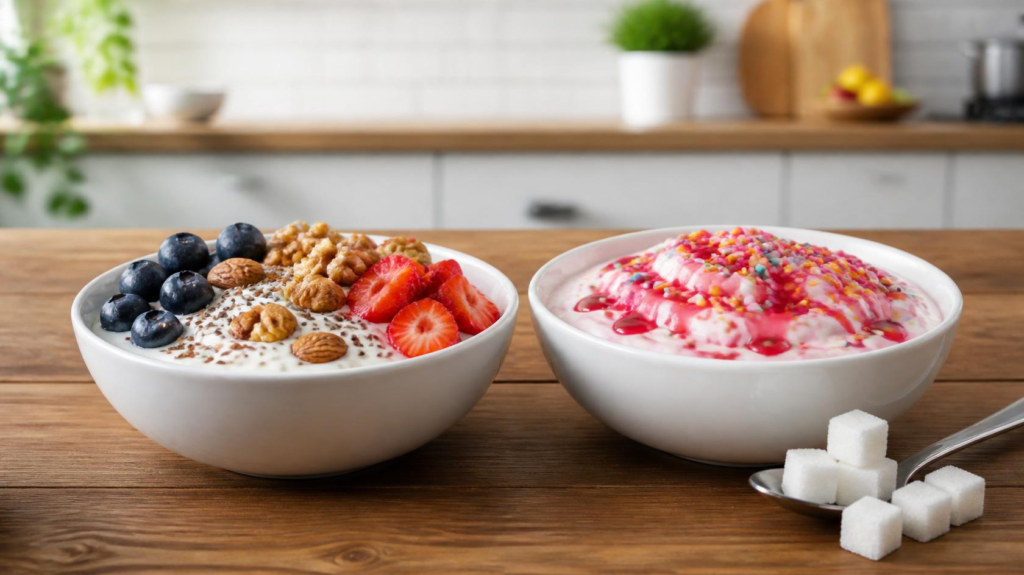 plain-yogurt-vs-sweetened-yogurt-comparison Side-by-side comparison of plain yogurt and sweetened yogurt with healthy toppings and added sugar ingredients.