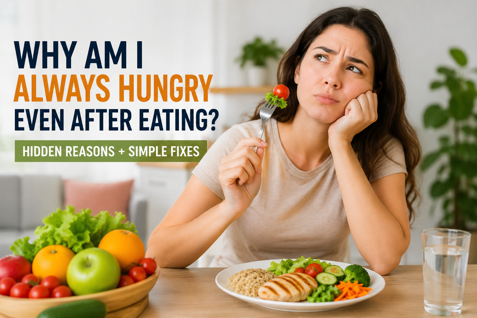 Woman feeling hungry after eating a healthy meal with balanced foods on the table.