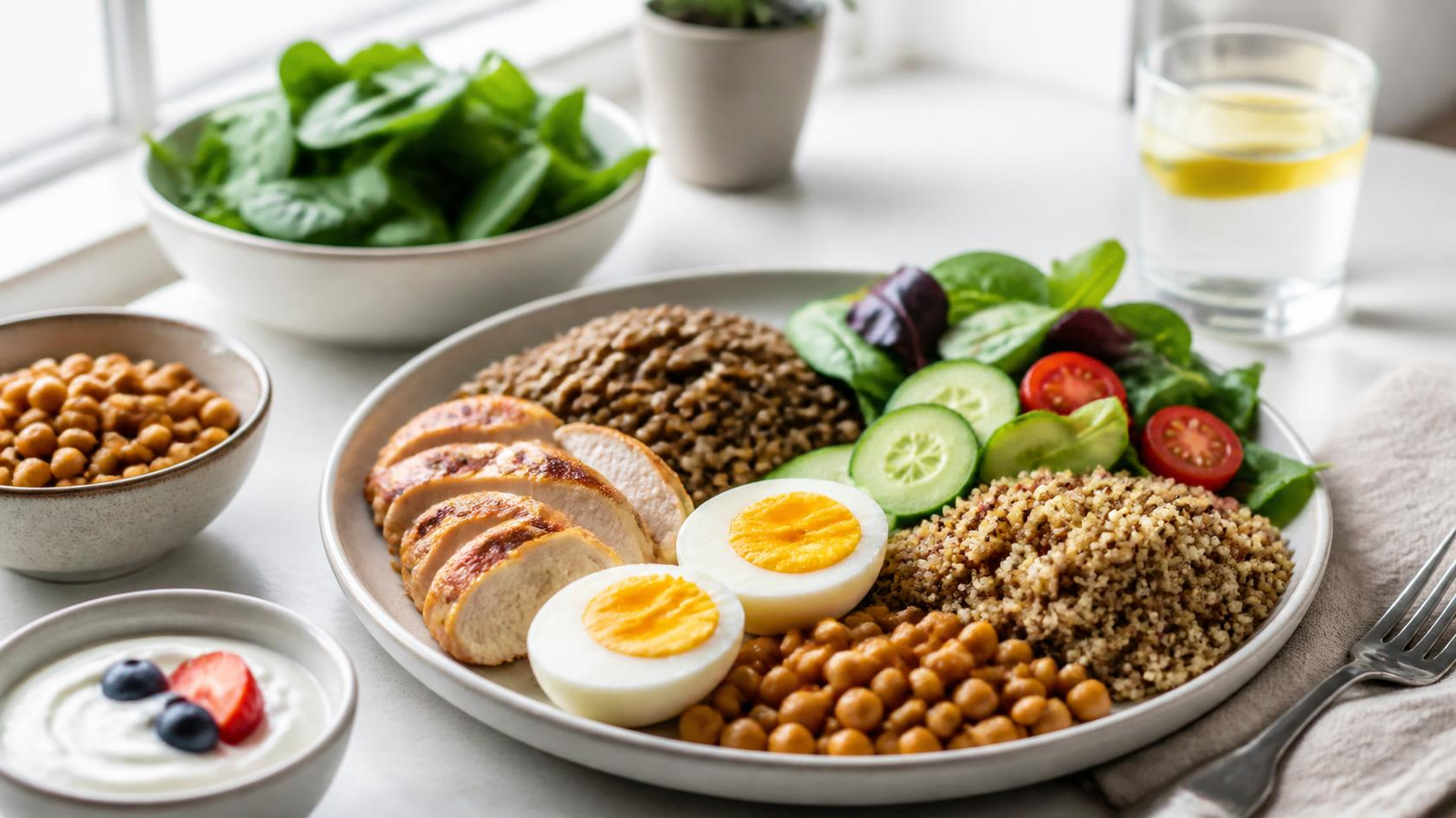 High-protein diet foods for women, including eggs, lentils, chicken, yogurt, and vegetables