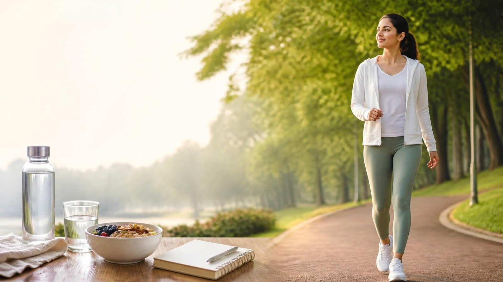 Woman taking a peaceful morning walk to make her health a priority