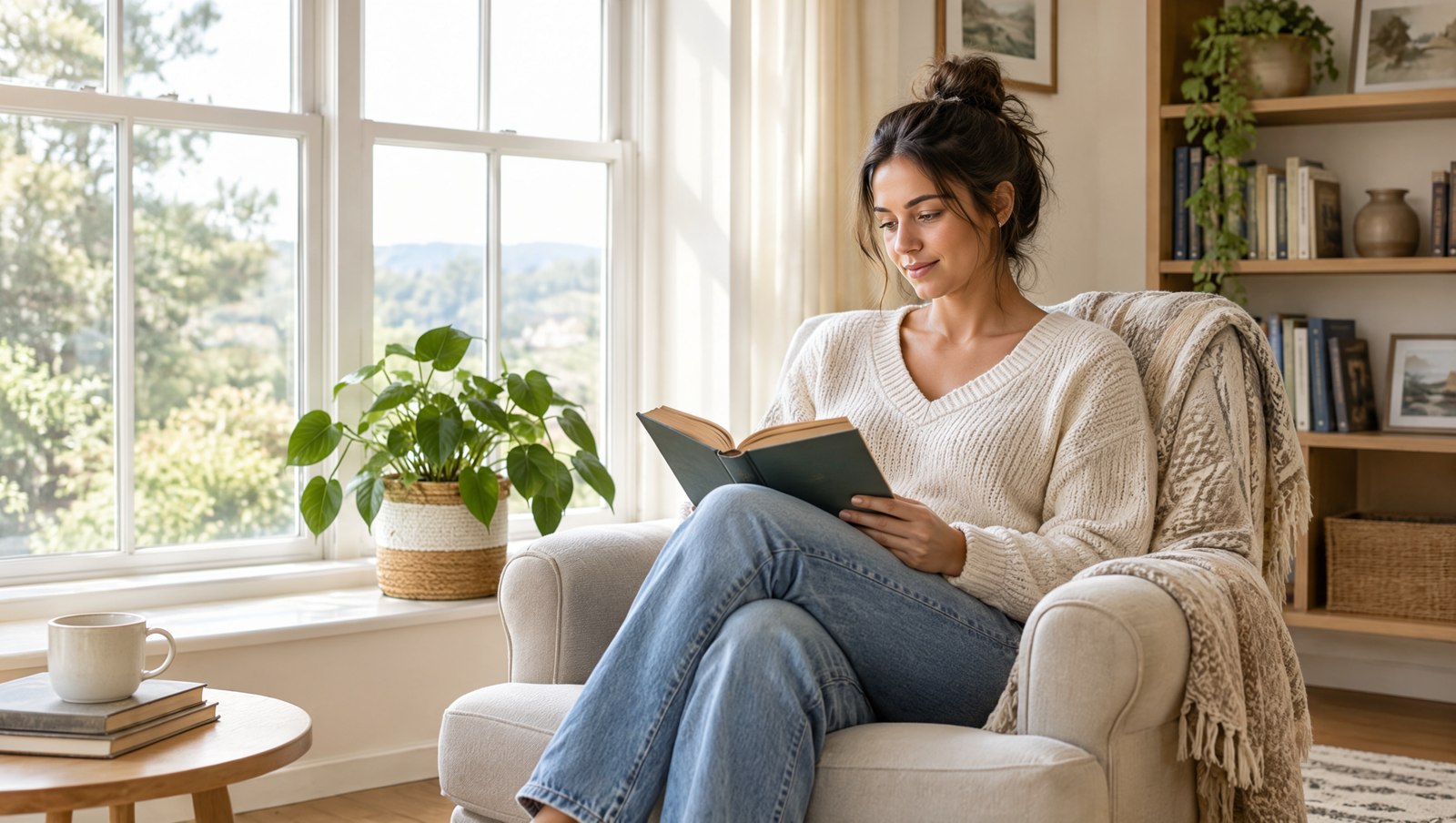 Woman peacefully reading a book beside a window for mental well-being